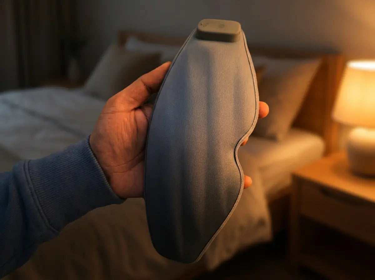 Somnicore heated eye mask being worn